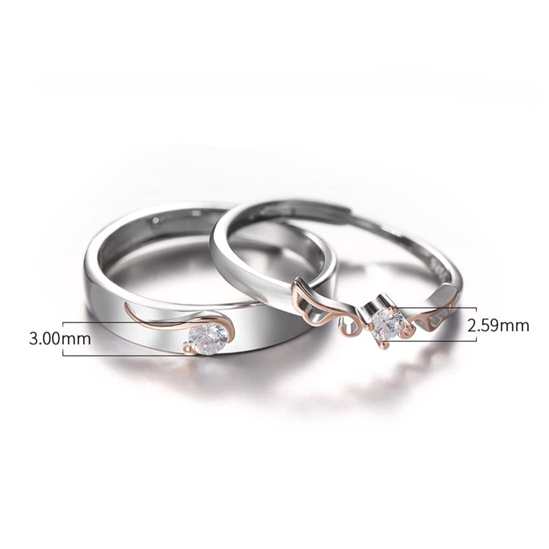 Rockyu 天使の翼 ペアリング S925純銀仕上げ フリーサイズ CZダイヤ カップル用