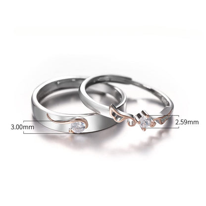 Rockyu 天使の翼 ペアリング S925純銀仕上げ フリーサイズ CZダイヤ カップル用