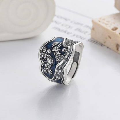 Rockyu 指輪 レディース 太め シルバー925 鳳凰＆花モチーフ 青釉薬 ウェーブリング フリーサイズ 金運アップ