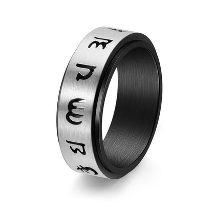 Rockyu メンズ ステンレススピナーリング 六字真言デザイン 8mm幅 3色展開