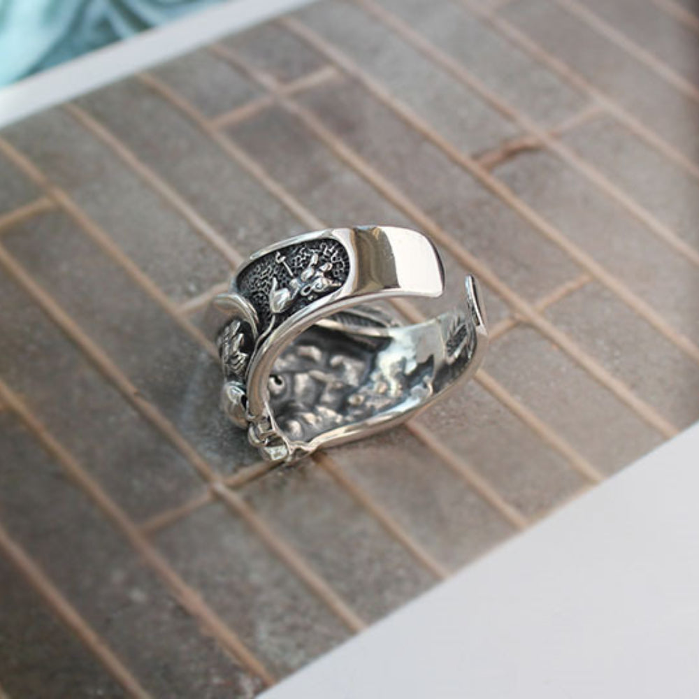 Rockyu シルバー 猫リング グリーンアイ 男女兼用 レトロ ごつめ フリーサイズ