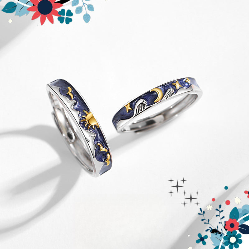 Rockyu フリーサイズリング 藍色の空に太陽と月が輝く幻想デザイン