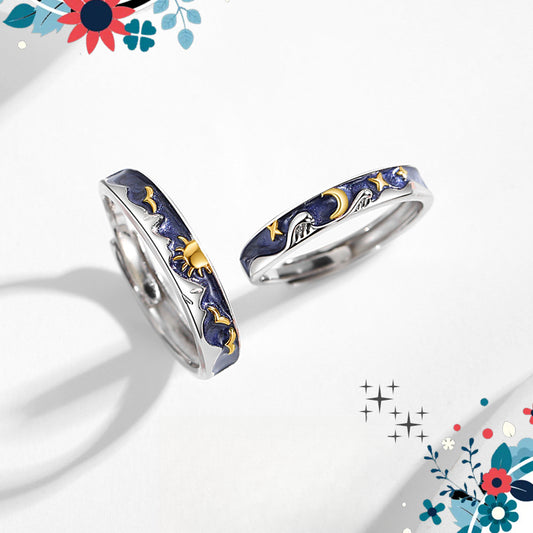 Rockyu フリーサイズリング 藍色の空に太陽と月が輝く幻想デザイン