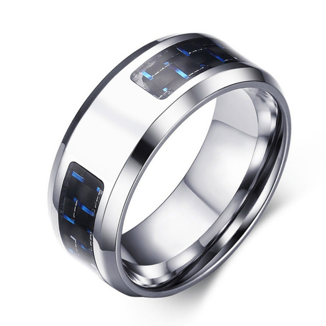 Rockyu メンズリング ステンレス製 炭素繊維チェック＆刻印デザイン シルバー×ブラック