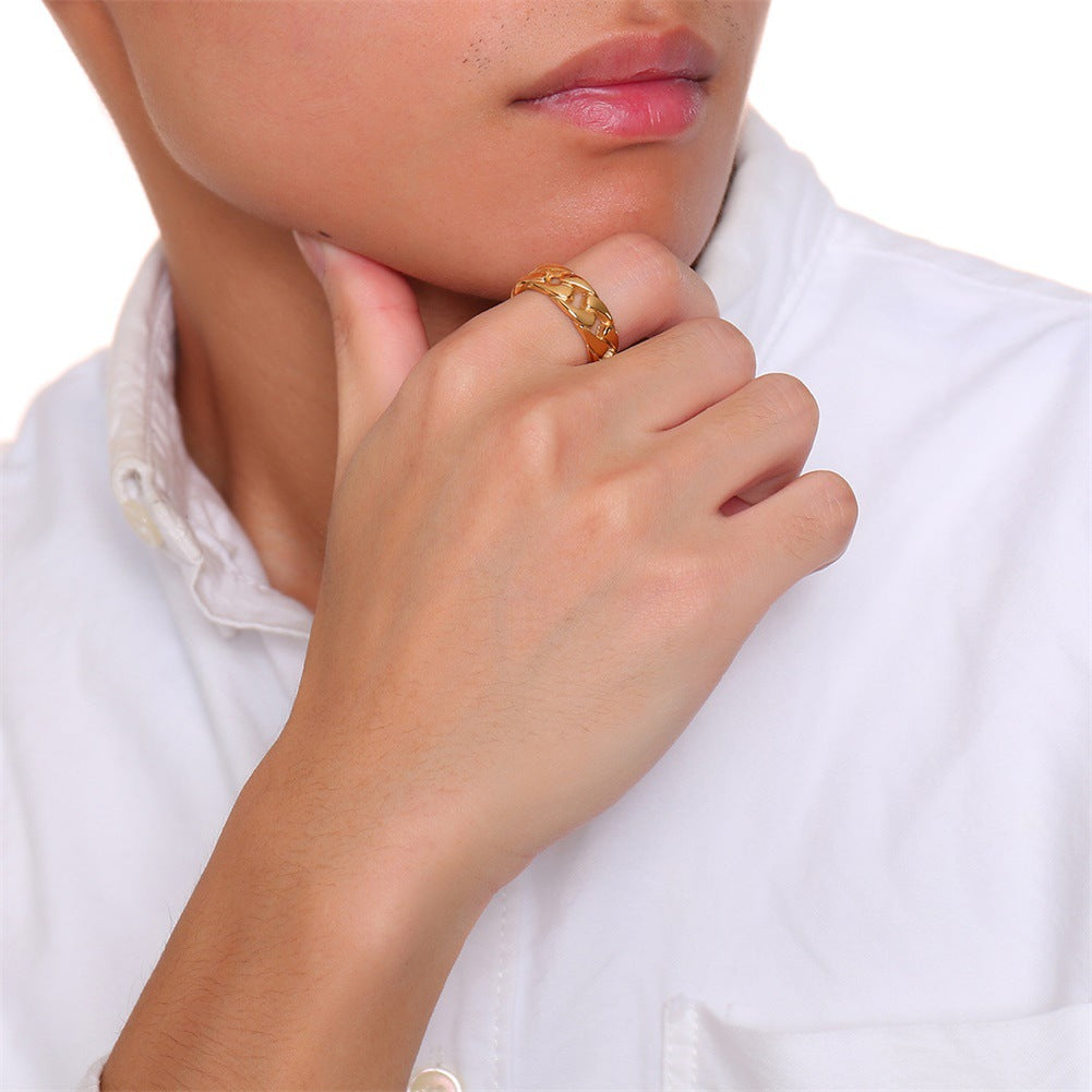 Rockyu チェーンデザインリング メンズ ステンレス 幅広 7mm 喜平風 指輪 金属アレルギー対応