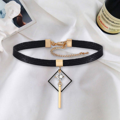 Rockyu レディース チョーカー 黒 レザー ジルコニア ネックレス