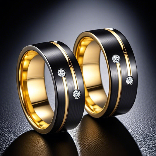 Rockyu タングステンリング メンズ レディース兼用 8mm ブラック＆ゴールド キュービックジルコニア埋込デザイン