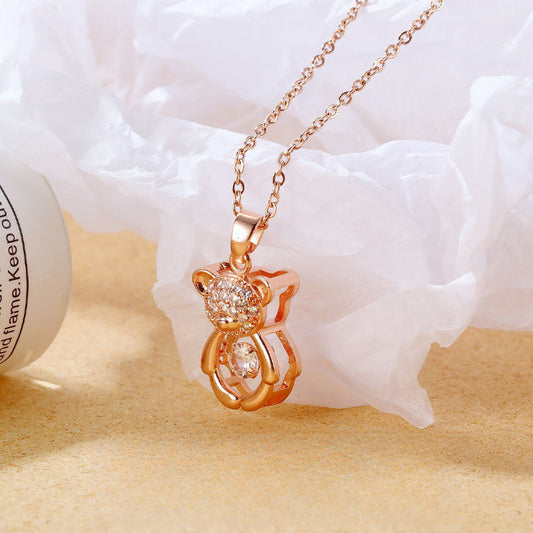 Rockyu ネックレス レディース テディベア CZ ピンクゴールド くまモチーフ 鎖骨チェーン