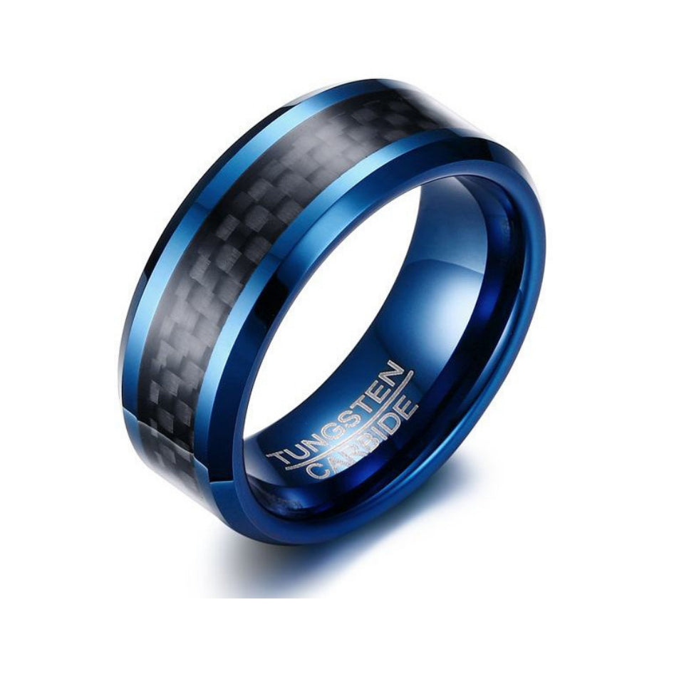Rockyu タングステンカーバイド メンズリング 8mm幅 カーボンファイバー シンプル 指輪（ブラック／シルバー／ブルー）