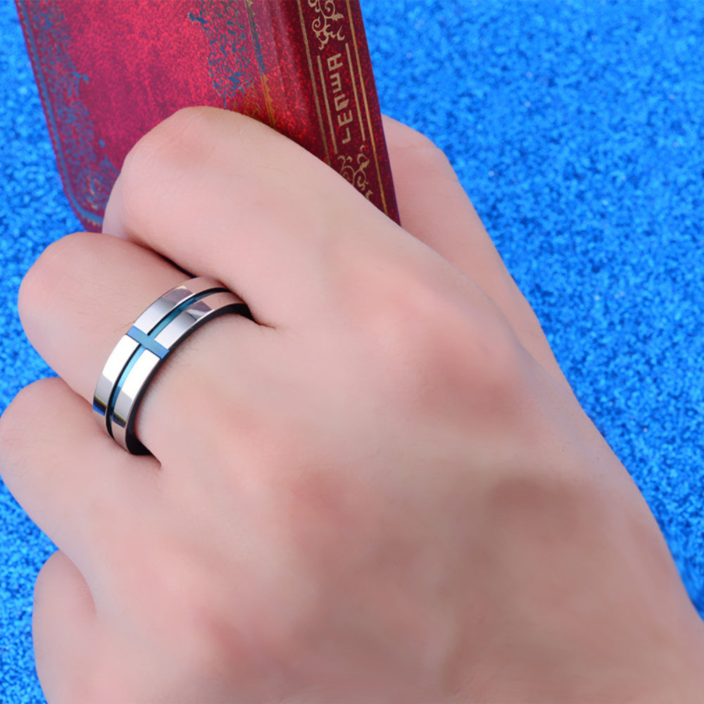 Rockyu タングステンリング メンズ シルバーとブルーが映えるクロスラインデザイン