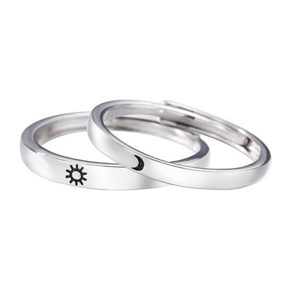 Rockyu 月と太陽の刻印リング ペア風デザイン フリーサイズ シルバー925指輪