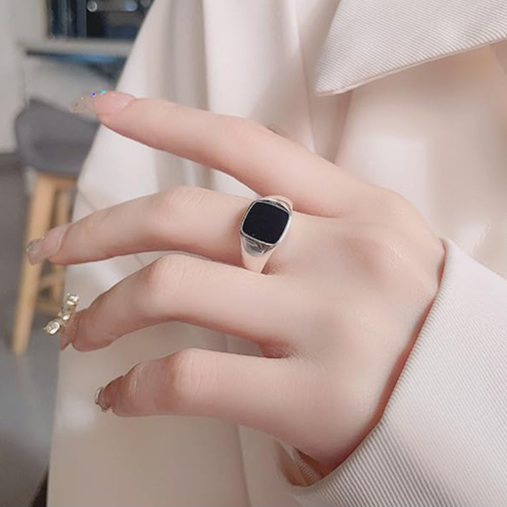 Rockyu シルバー925 レディース＆メンズ 印台リング ペアデザイン ブラックオニキス風