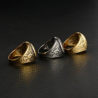 Rockyu メンズ チタン風ステンレスリング イーグル記章デザイン 重厚ゴールドリング