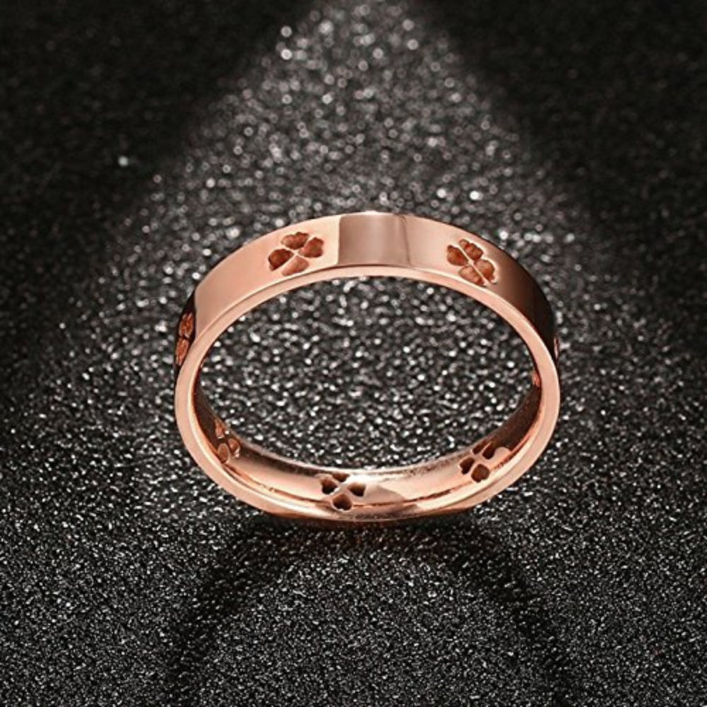 Rockyu レディースリング ハートクローバー柄 ピンクゴールド 4mm ステンレス製