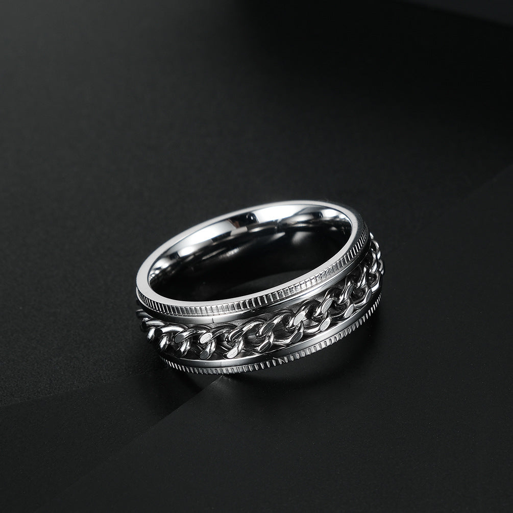 Rockyu メンズ ステンレスチェーンリング 回転式 喜平チェーン ローマ数字デザイン