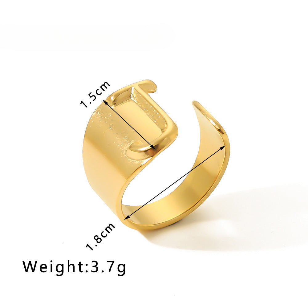 Rockyu イニシャルリング A〜Z選べる 太めゴールド フリーサイズステンレス指輪