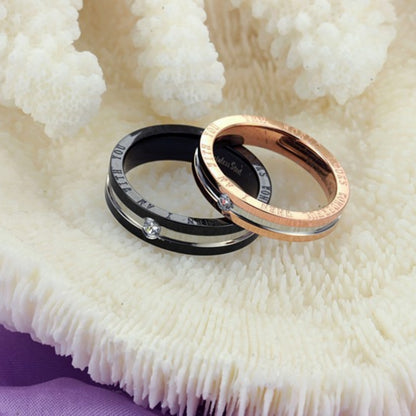 Rockyu ペアリング ステンレス製 一粒ジルコニア付き ブラック＆ピンクゴールドリング