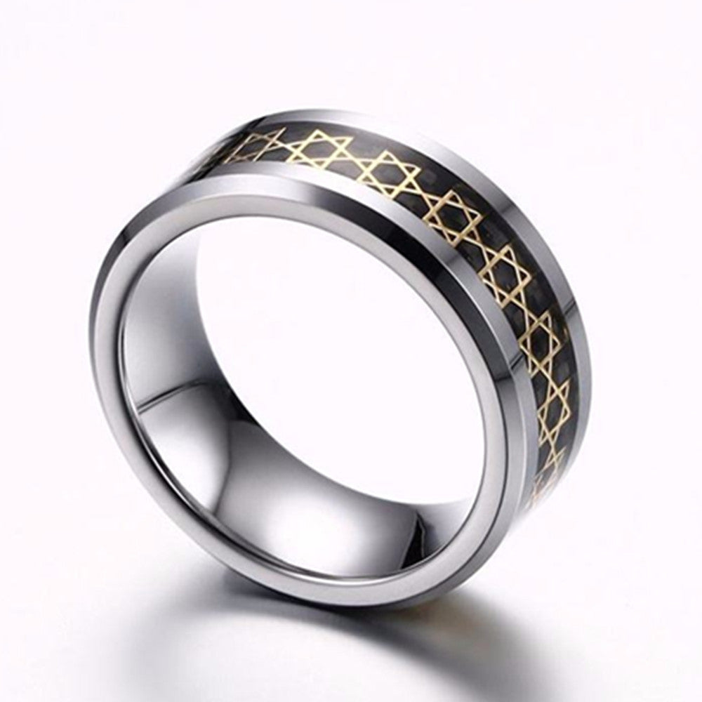 Rockyu タングステンリング メンズ 8mm 幅広 カーボンファイバー×ゴールド 六芒星デザイン