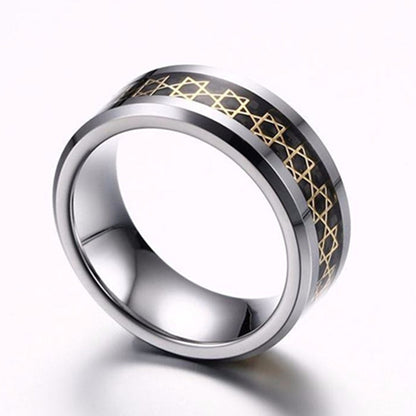 Rockyu タングステンリング メンズ 8mm 幅広 カーボンファイバー×ゴールド 六芒星デザイン