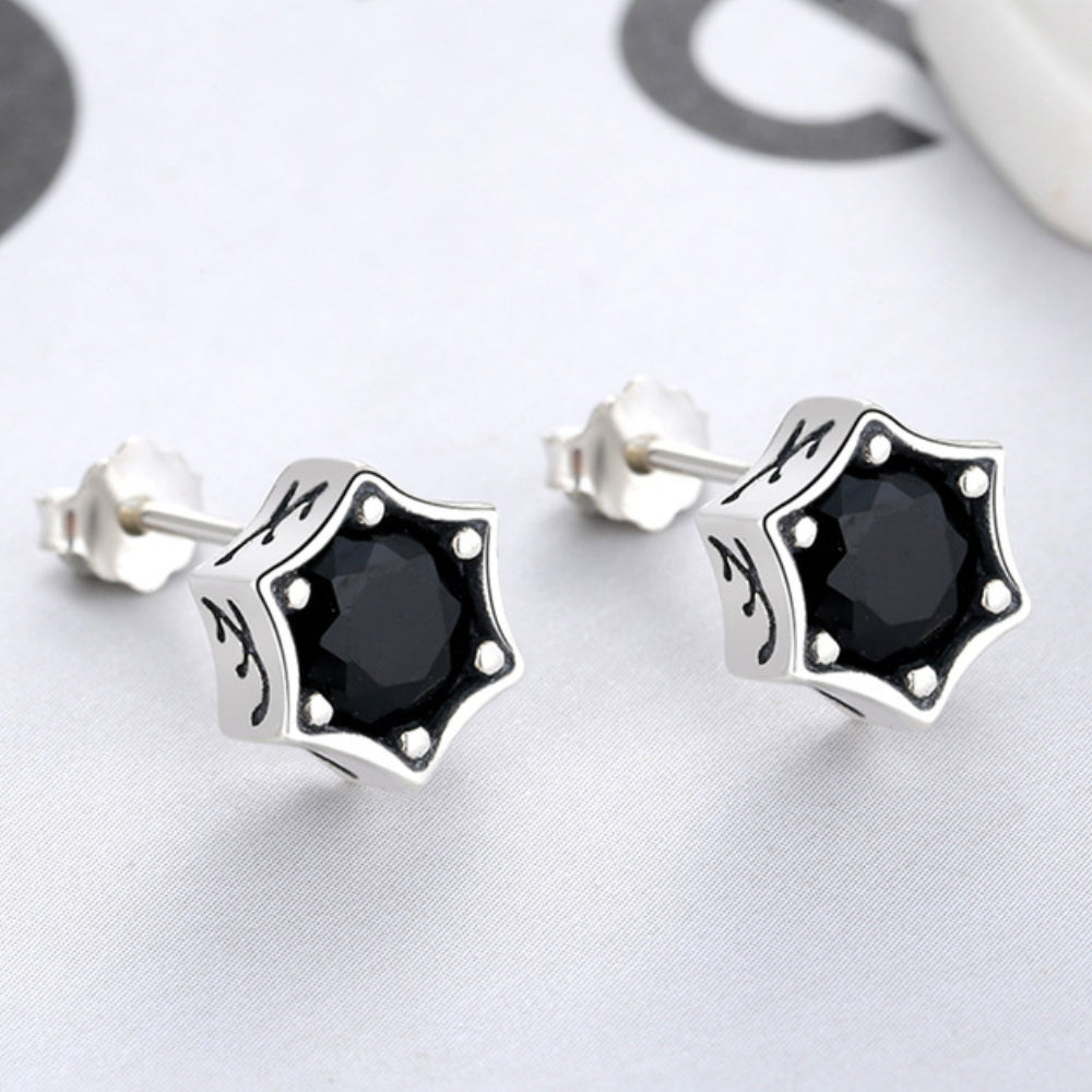Rockyu S925シルバー ブラックジルコン 六角星ピアス メンズ 韓日レトロスタイル