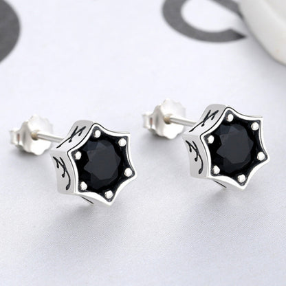Rockyu S925シルバー ブラックジルコン 六角星ピアス メンズ 韓日レトロスタイル