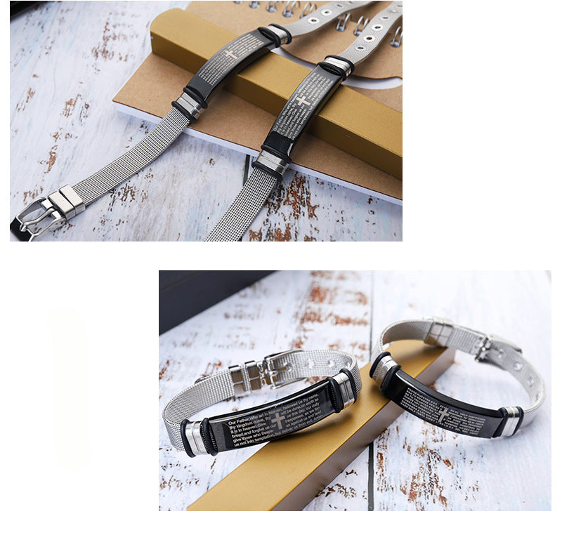 Rockyu メンズ ブレスレット｜主の祈り刻印 ステンレス製ユニセックスバングル