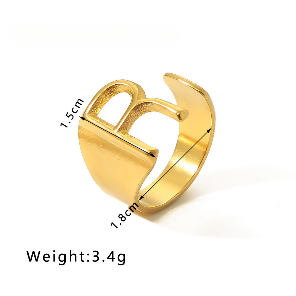 Rockyu イニシャルリング A〜Z選べる 太めゴールド フリーサイズステンレス指輪