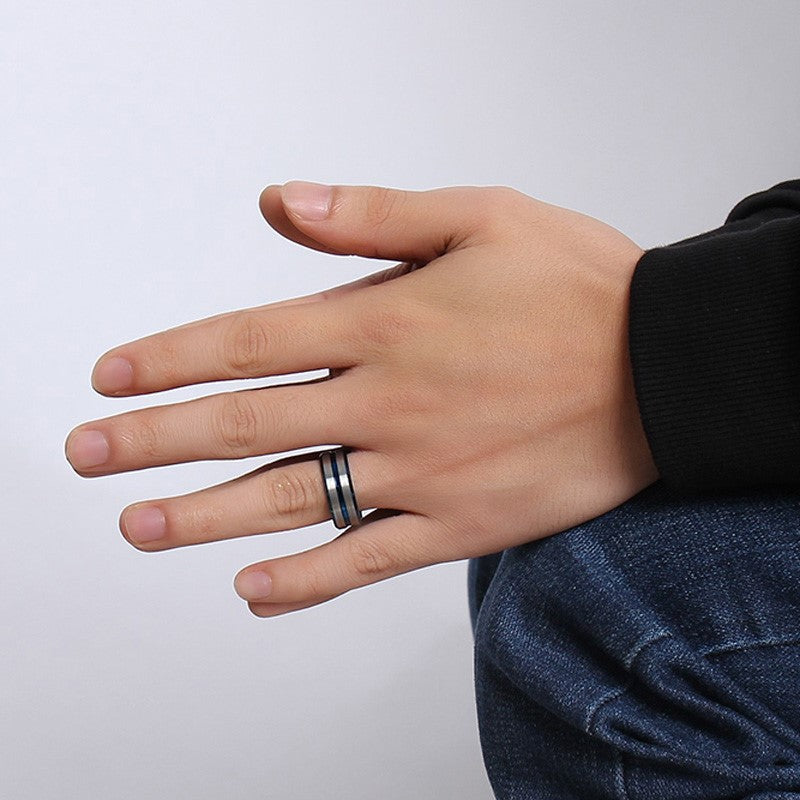 Rockyu タングステンリング メンズ レディース兼用 8mm 幅広 ブルー×シルバー マット仕上げ