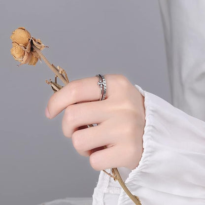 Rockyu シルバー925 レディースリング｜クロス＆チェーン風デザイン 二連風フリーサイズリング