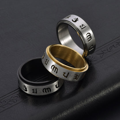 Rockyu メンズ ステンレススピナーリング 六字真言デザイン 8mm幅 3色展開