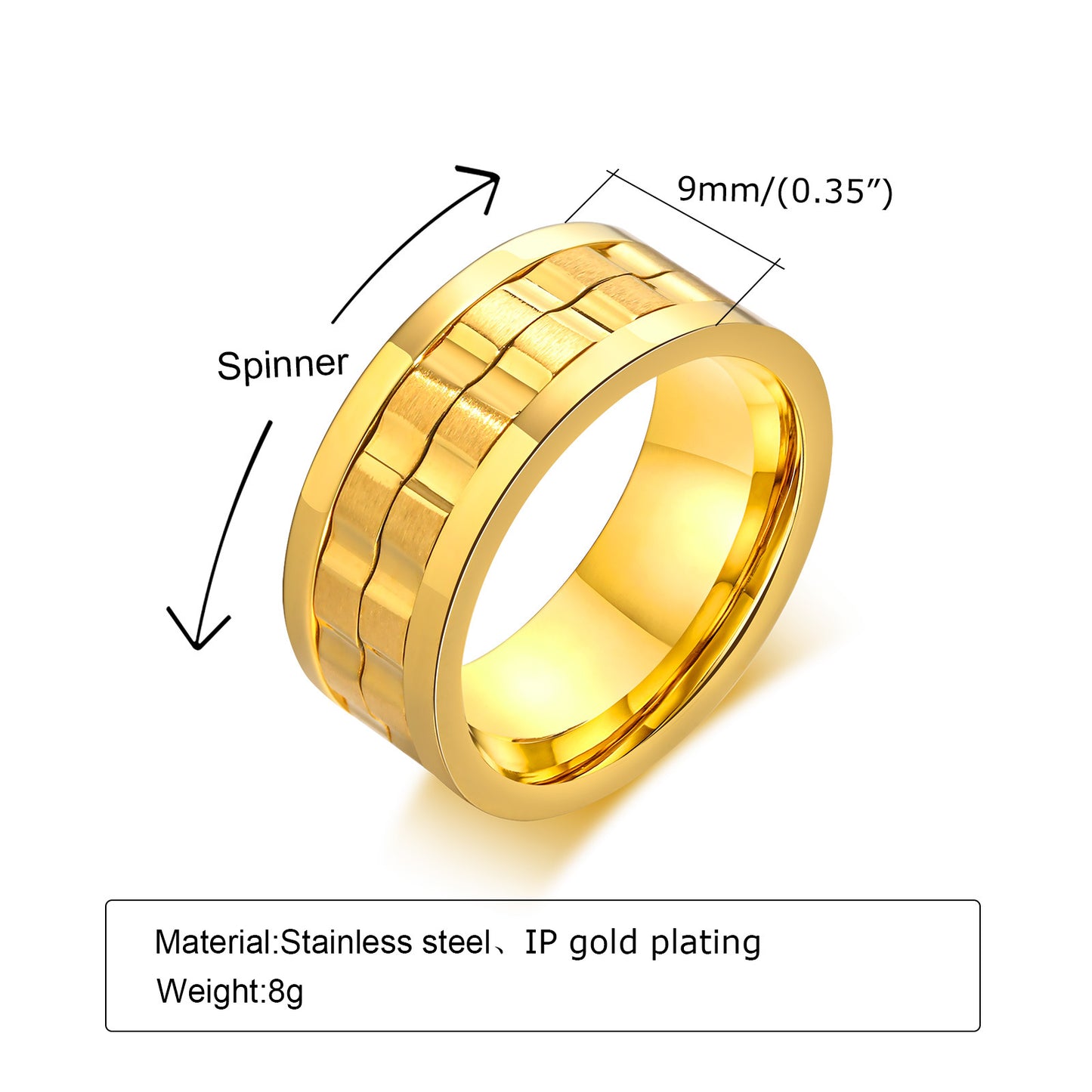 Rockyu ステンレススチールスピンリング 9mm幅 メンズ チタン風ギアデザイン