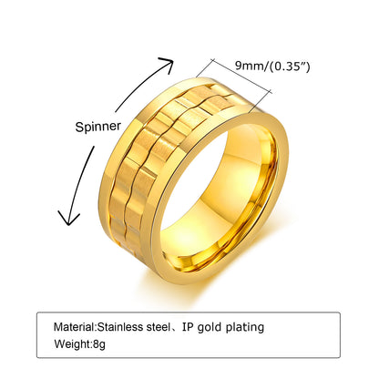 Rockyu ステンレススチールスピンリング 9mm幅 メンズ チタン風ギアデザイン