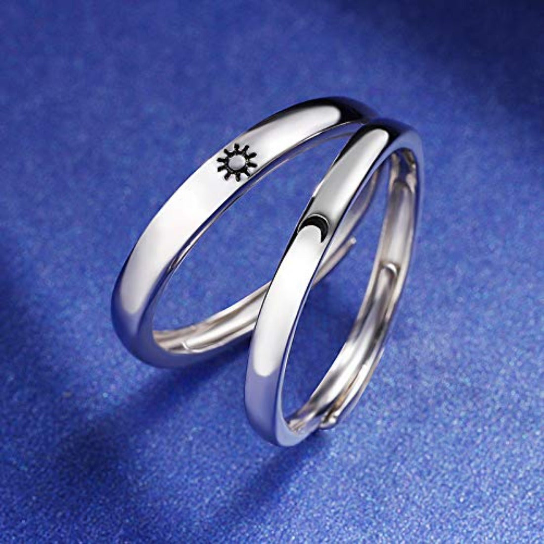 Rockyu 月と太陽の刻印リング ペア風デザイン フリーサイズ シルバー925指輪