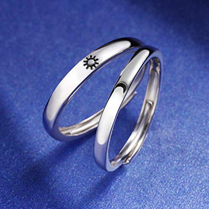 Rockyu 月と太陽の刻印リング ペア風デザイン フリーサイズ シルバー925指輪