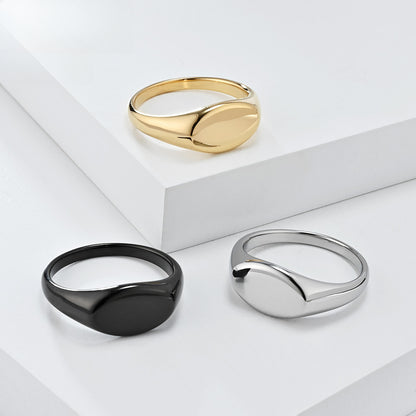 Rockyu 指輪 ステンレス製 楕円 印台リング 男女兼用 シンプル 鏡面仕上げ