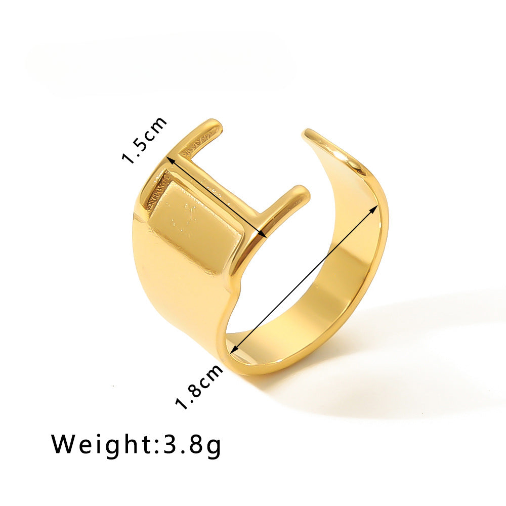 Rockyu イニシャルリング A〜Z選べる 太めゴールド フリーサイズステンレス指輪