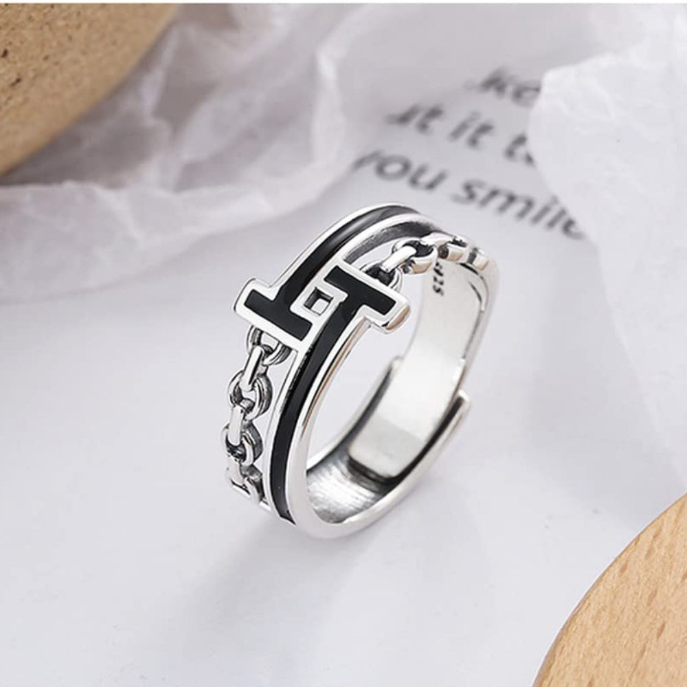 Rockyu Tモチーフチェーンリング シルバー925 ブラックエナメル フリーサイズ