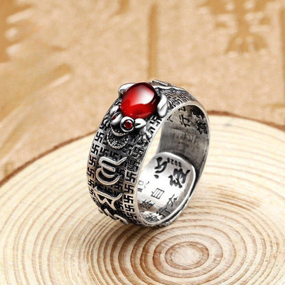 Rockyu 貔貅モチーフ経文リング メンズ レディース フリーサイズ アンティーク風指輪