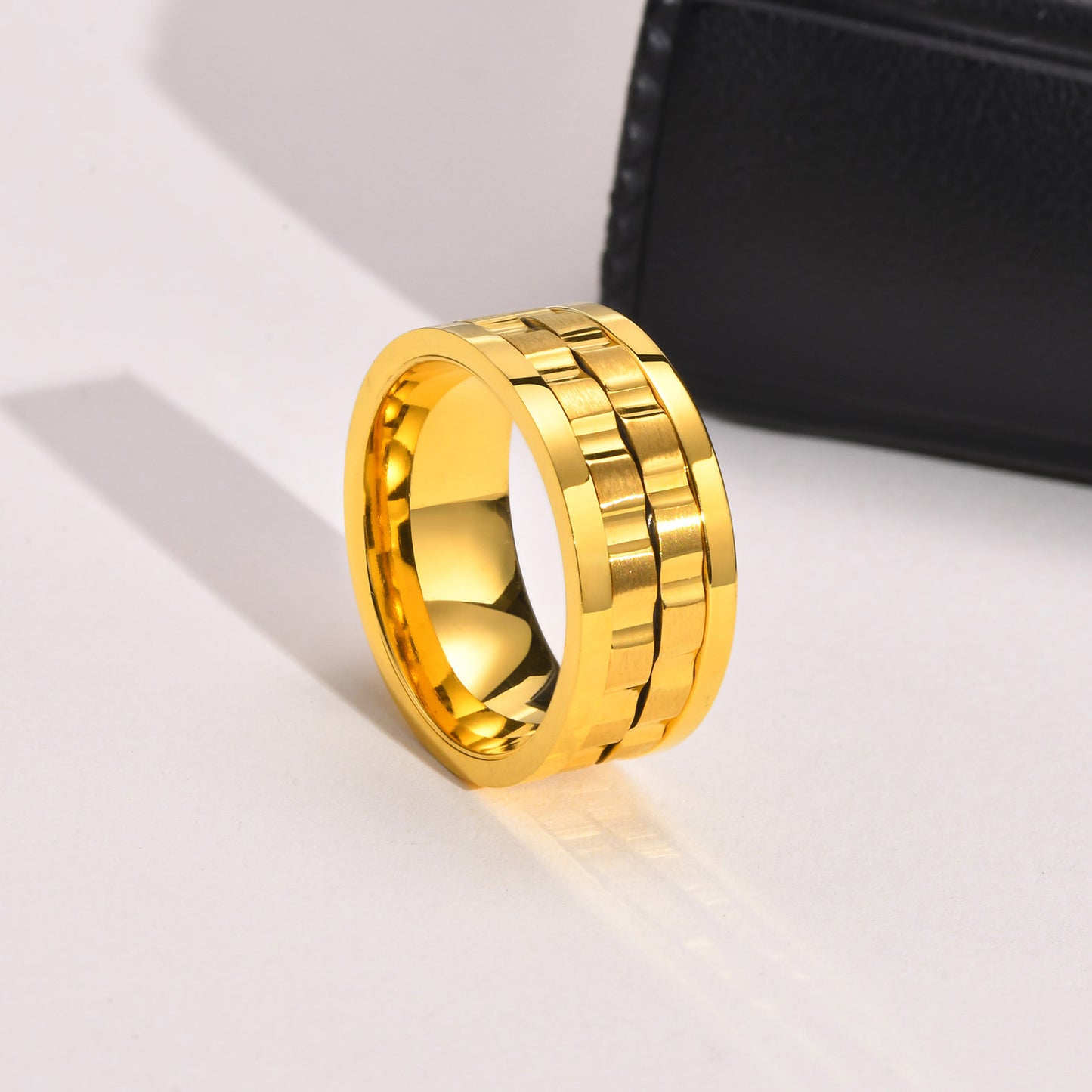 Rockyu ステンレススチールスピンリング 9mm幅 メンズ チタン風ギアデザイン