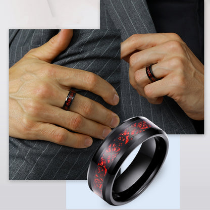 Rockyu ドラゴンモチーフ タングステンリング メンズ 8mm幅 カーボンファイバー×ブラック仕上げ