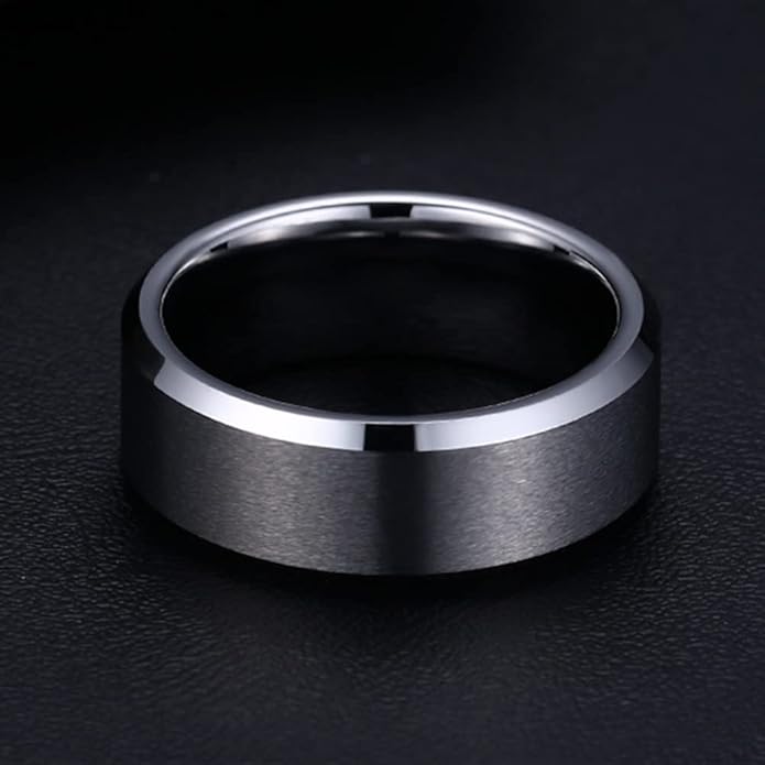 Rockyu タングステンリング メンズ 指輪 8mm サイドカットデザイン ヘアライン仕上げ 真空メッキ 男女兼用