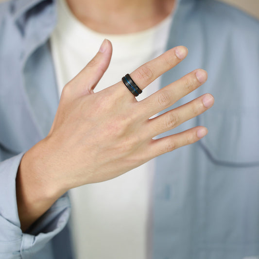 Rockyu タングステンリング メンズ ブラック×ブルー 8mm幅 マット仕上げ