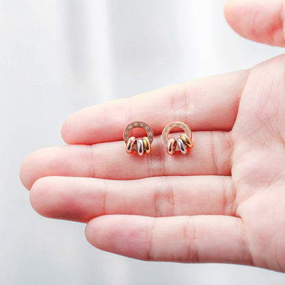 Rockyu ピアス レディース ローマ数字刻印 サークルデザイン ステンレス製 3色リング付き 18Kピンクゴールド仕上げ