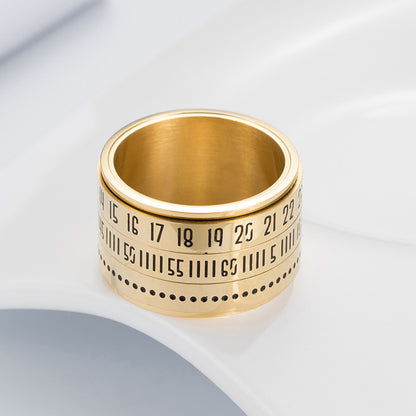 Rockyu 回転式ステンレスリング メンズ ローマ数字＆日付デザイン