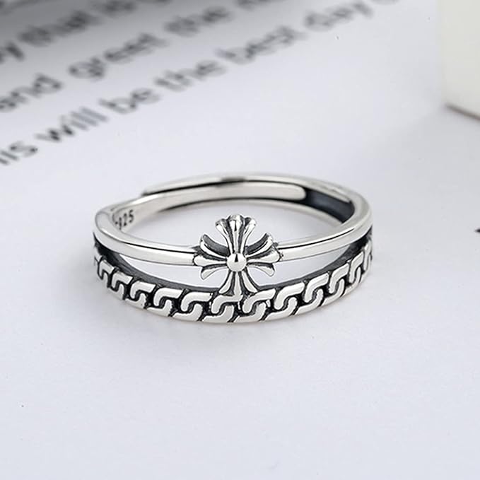 Rockyu シルバー925 レディースリング｜クロス＆チェーン風デザイン 二連風フリーサイズリング