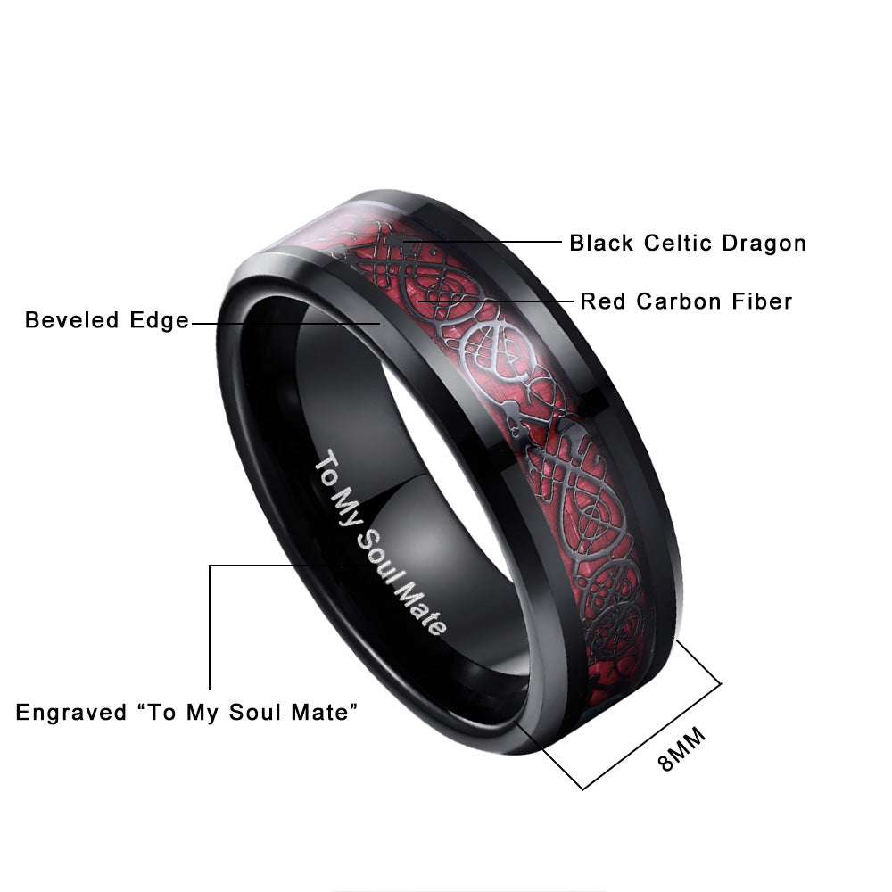 Rockyu ドラゴンモチーフ タングステンリング メンズ 8mm幅 カーボンファイバー×ブラック仕上げ