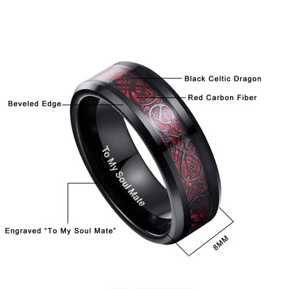 Rockyu ドラゴンモチーフ タングステンリング メンズ 8mm幅 カーボンファイバー×ブラック仕上げ