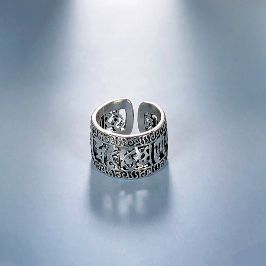 Rockyu 指輪 メンズ フリーサイズ 六字真言シルバーリング 厄除け・お守り アンティーク風