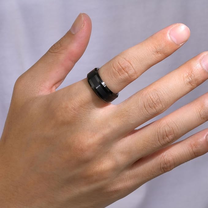 Rockyu メンズ タングステンリング 8mm 平打ち・艶消しデザイン シルバー＆ブラック