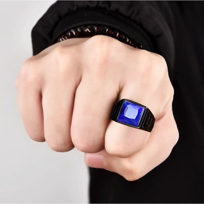 Rockyu メンズ印台リング ブルーストーン×ブラックステンレス 幅広デザイン